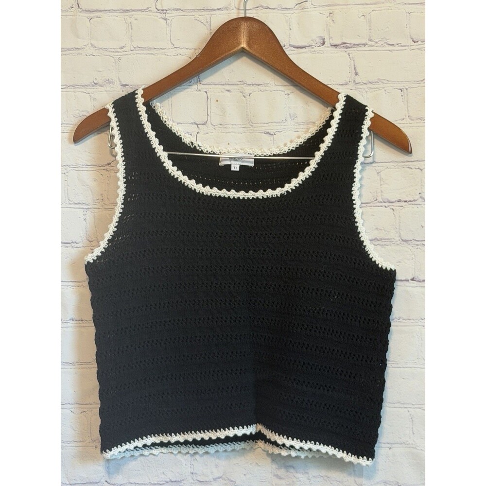 SUNCOO Paris Black Crochet Knit Crop Tank Top White Trim Open Knit French T1 S